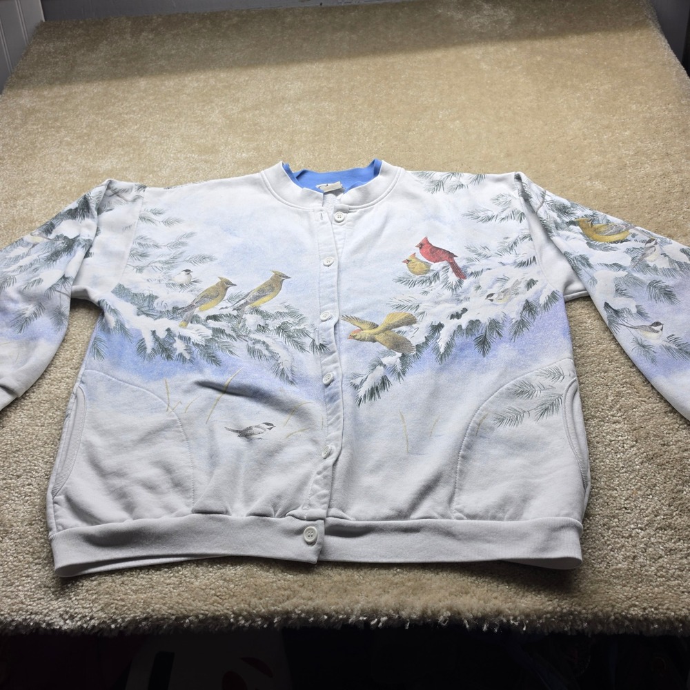 Artisans Sunschein Designs Winter Birds Cardigan Sweatshirt White Large Made USA